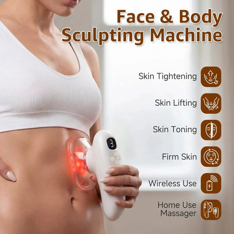 Woman using All In One Body Sculpting Machine For Cellulite Removal And Contouring, Muscle Relaxation, Skin Tightening, At Home Massage Tool For Legs Abdomen Arms And Love Handles on abdomen with LED light therapy.