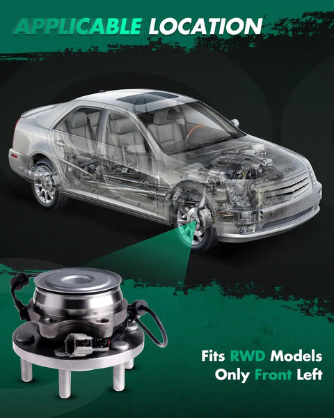 Front Wheel Bearing Hub Assembly Kit Plug And Play With ABS For Nissan Pathfinder 2005 To 2012 Frontier 2005 To 2016 Xterra 2005 To 2015 Suzuki Equator 2009 To 2012 6 Lug Direct Fit OE Style shown with car diagram, fits front left.