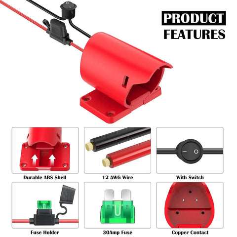 Product features of 12V Power Wheel Battery Adapter Kit with 30A fuse, 12AWG silicone wire, durable ABS shell, and copper contact.