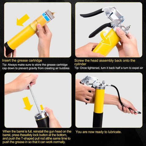 Instructions for using Heavy Duty Grease Gun Kit With 8000 PSI Max, 14 Oz Capacity, 18 Inch Resin Flex Hose, Double Handle Coupler