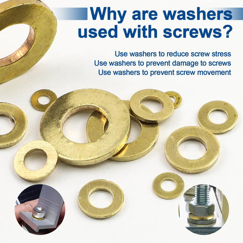 Brass washers from the 315 Piece Brass Washer Set With Nine Metric Sizes shown with screws and bolts usage examples.