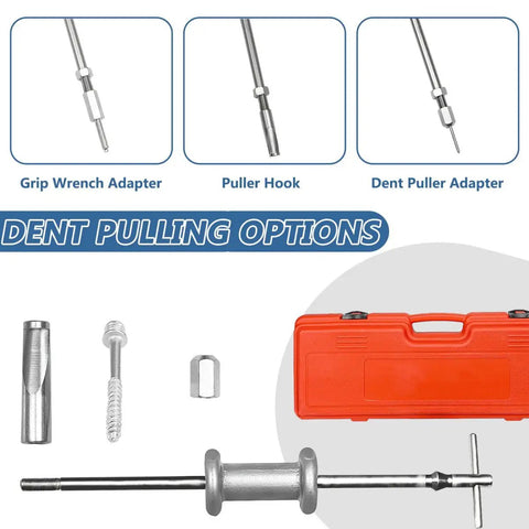 Nine-Way Slide Hammer Puller Set With Two-Jaw And Three-Jaw Options For Front-Wheel Bearings And Rear-Axle Hub Removal Dent Shaft Puller Tool Kit Wheel Bearing Extraction Made Easy For Auto Techs, shown with red case and dent pulling adapters.
