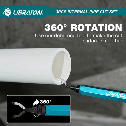 Internal PVC Pipe Cutter Kit With Diamond Grit Cutting Wheel And Deburring Tool showing 360-degree rotation capability
