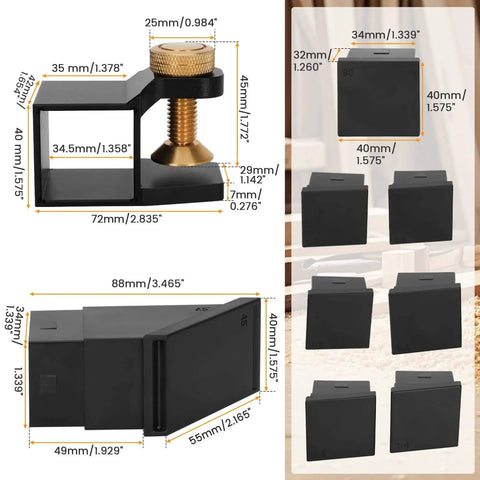 Pro Grade Dovetail Saw Guide Jig with Aluminum Alloy Magnetic Right Angle, six dovetail guides shown with dimensions