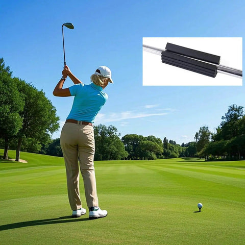 Golfer swinging club inset with Golf Club Grip Replacement Tool With Rubber Vise Clamp For Easy Grip Install And Regripping, Protects Shaft