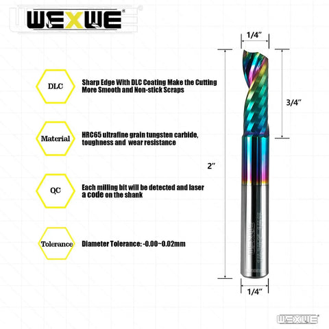 Solid Carbide CNC Spiral End Mill 1/4 Inch Diameter 1/4 Inch Shank 2 Inch Length Single Flute DLC Coated For Cutting