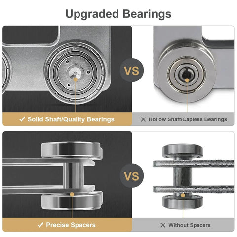 Diagram comparing solid shaft and capless bearings for Upgraded Four Wheel Trolley Assembly For Stable Load Handling Fits 1 5/8 Inch Strut Channel.