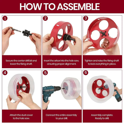 Step-by-step assembly of All In One Recessed Lighting Hole Saw Kit With Dust Bowl For Dust Collection, 4 Inch And 6 Inch Bi Metal Hole Saws