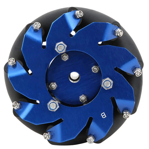 Left Mecanum Wheel for Bots, 4-Inch Aluminum Wheel With TPU Rubber Rollers, High-Friction Polyurethane Race-Grade Build, Front View