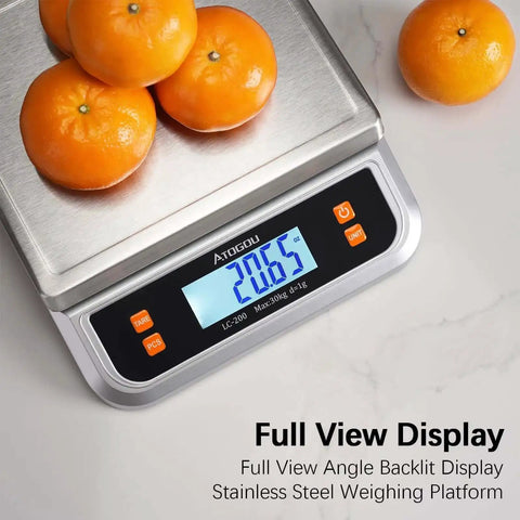 Beefy 88lb Heavy Duty Commercial Food Scale with stainless steel platform and full view LCD display showing weight of oranges.