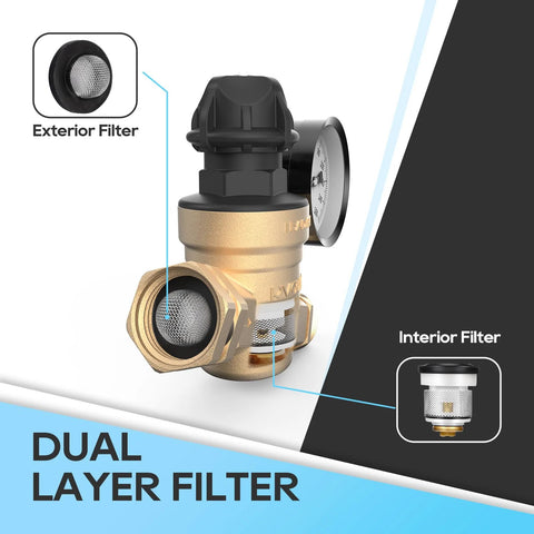 Brass RV water pressure regulator with adjustable knob and gauge; dual exterior and interior screen filters shown