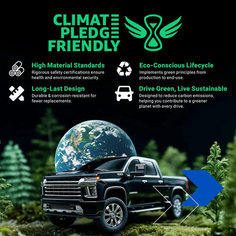 Eco-friendly truck with climate pledge friendly features, sustainable design, and eco-conscious lifecycle graphics.