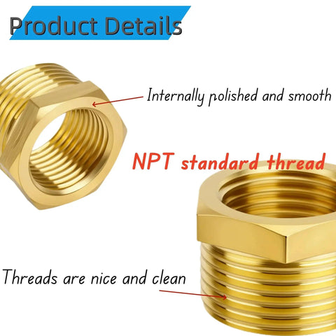 Brass Reducer Hex Bushing Pack Of Four Three Quarter Inch NPT Male To Half Inch NPT Female Heavy Duty Threaded Pipe Detail View