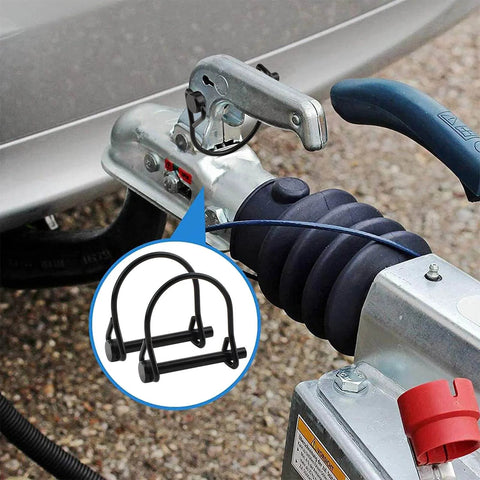 One Quarter Inch Diameter Heavy Duty Safety Coupler Pin For Quick Release Hitches And PTO Pins Carbon Steel Round Loop Wire Lock shown installed on trailer hitch.