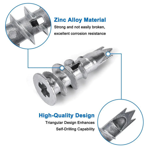 Zinc Self Drilling Drywall Anchors Kit with screws, close-up of metal anchor showing zinc alloy material and design features.