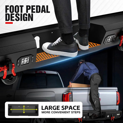 Rear Step Bumper For Ram 1500 With 4x18W LED Lights And D Rings, showing foot pedal design and large step space