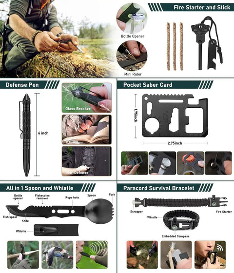 Collage of survival tools including fire starter, defense pen, pocket saber card, paracord bracelet, part of the 262 Piece Survival Kit With First Aid Pouch And Crossbody Bag For 72 Hour Emergency Preparedness, Tent, Camping Axe Hammer, Survival Shovel With Pick, Bug Out Bag Gear For Men And Women.