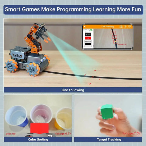 5DOF AI Vision Robotic Arm Kit With Raspberry Pi Powered Smart Robot Car Chassis And Mecanum Wheels For Beginners Python Programmable Robotic Arm Car Kit No RPi Included DIY Robotics Project showing line following, color sorting, and target tracking.