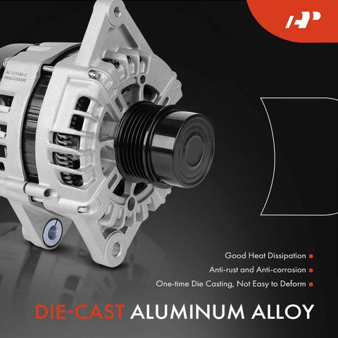 Premium Plug-and-Play Alternator Replacement For Kia Soul 2017-2019, Rio 2018-2019, Seltos 2021 And Hyundai Accent 2018-2019 close-up of die-cast aluminum housing