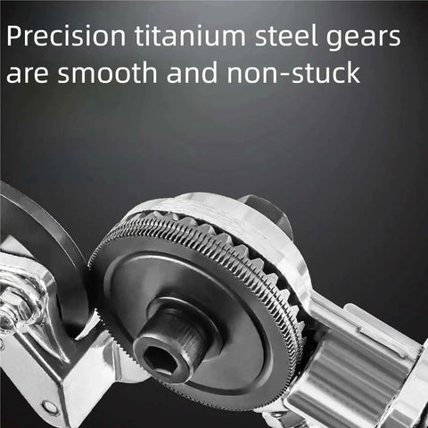 Close-up of precision titanium steel gears on drill powered sheet metal cutter and nibbler attachment.