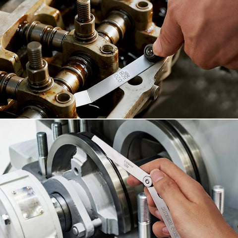 Using a two piece stainless steel feeler gauges set for valves and spark plug gaps in engine maintenance and tuning.