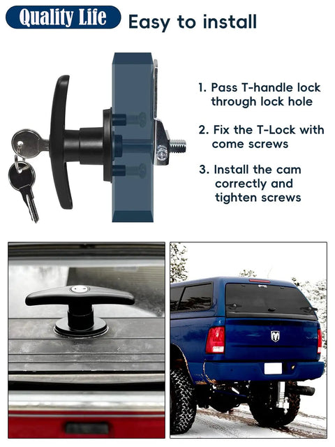 T-Handle Lock Kit for Truck Cap Camper Shell With Keys shown installed on truck bed topper with keys next to installation instructions.