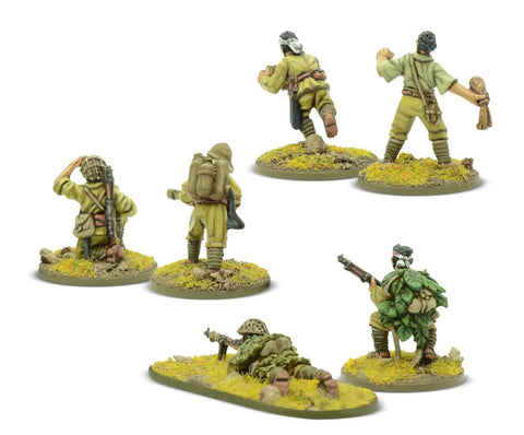 Ready To Paint 28mm World War II Japanese Army Weapons Team Miniatures Pack for Bolt Action shown in realistic battle poses