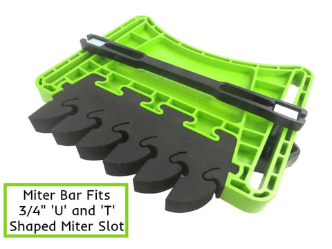 FeatherPRO FP1 Featherboard for table saws, router tables, and band saws with EVA feathers, showing miter bar compatibility.