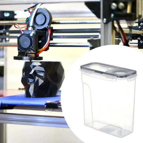 3D printing setup with filament dryer box in view, showing 3D Printer Filament Dryer Box No Hassle Dustproof Waterproof Storage Case For 1Kg Spools Sealed Tank For PLA And PETG Filament Keeps Filament Dry Between Prints With Easy Reach Round Opening Black