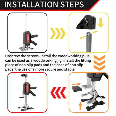 Installation steps for Stainless Steel Arm Jack 2 Pack With Dual Speed Descent For Cabinet Installations, showing setup process.
