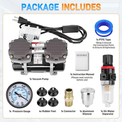 50L/min oil-free lab vacuum pump, 2-port, includes pressure gauge, oil-water separator, silencer, PTFE tape, manual.