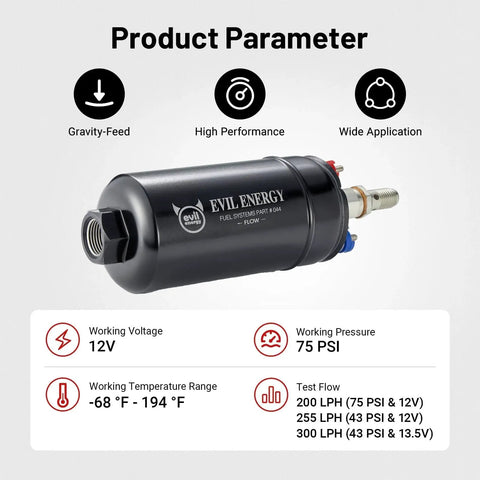 External Inline Fuel Pump 12V High Flow 300 LPH With 60mm Bracket Clamp Black For EFI Systems Beefed Up 75 PSI Output