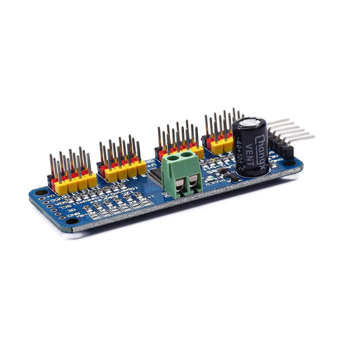 16 Channel PWM Servo Driver Module With I2C Control side view, 12-bit resolution, compatible with Arduino Raspberry Pi, MG90S SG90 MG995 servos