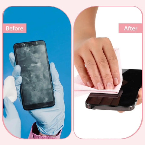 Before and after using 10 Pack Soft Microfiber Glasses Cleaning Cloths For Eyeglasses Cameras Phones on a smartphone screen