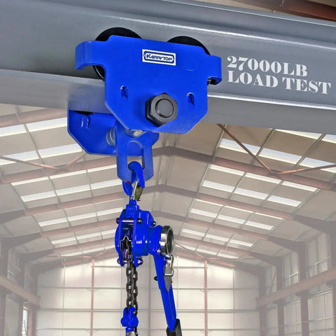 Front view of blue KARRYTON 3 Ton beam trolley on an I-beam with dual-track rollers