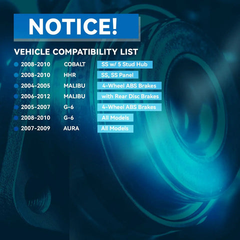 Vehicle compatibility list for Pair Front Wheel Bearing Hubs Assembly With 5 Lug And ABS For Chevy Cobalt HHR Malibu