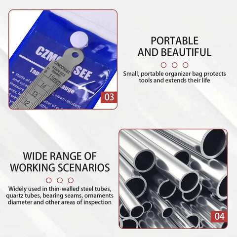 Stainless Steel Double Sided Welding Taper Gauge Feeler Gauge Depth Gauge and Aperture Ruler displayed with protective case and metal tubes