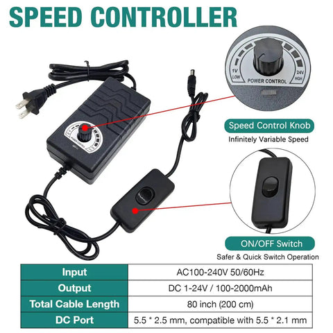 Speed controller for 24V Adjustable Reciprocating Linear Actuator, includes power knob and on/off switch.