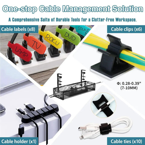 Various cable management tools including a no drill under desk cable tray with clamp mount fifteen point seven inch cord organizer.