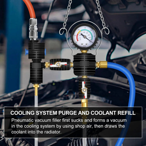 All In One Radiator Coolant Pressure Tester and Vacuum Refill Tool Kit with gauge and hoses in automotive setting