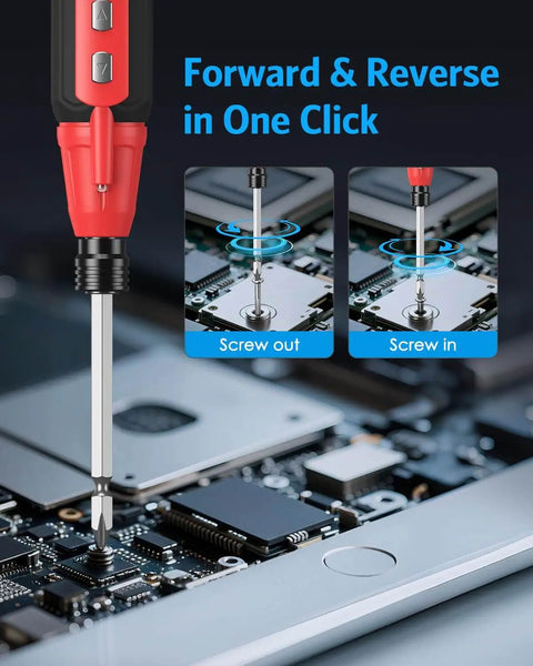 Cordless Power Screwdriver Kit With USB Cable And LED Lights used in electronics repair, showing forward and reverse click operation.