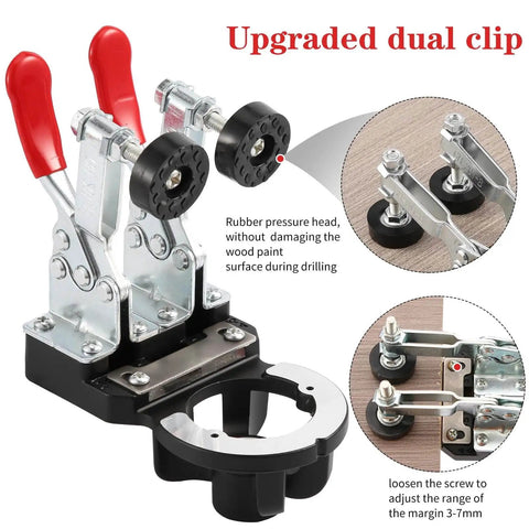 35mm Concealed Hinge Jig For Cabinets, Heavy Duty Aluminum Drill Guide With 2 Quick Clamps, Adjustable Quick Punch Door Mounting Tool for precise hole positioning shown with upgraded dual clip features