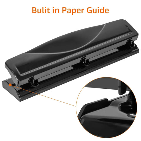 Three Hole Punch For Office And Home Use No Fuss Ten Sheets Puncher with built-in paper guide and black finish