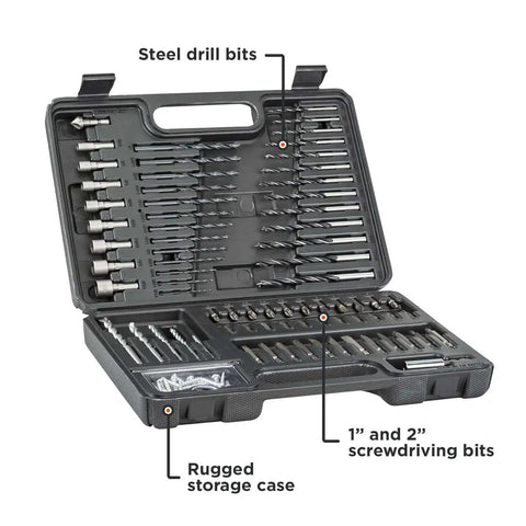 109-Piece Drill Bit And Screwdriver Bit Set Combo For Wood Metal Plastic And Masonry With 1-Inch And 2-Inch Driver Bits in case