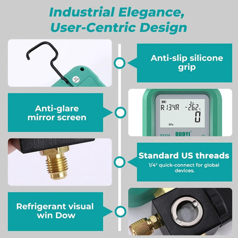 3 In 1 HVAC Digital Manifold Gauge with anti-slip grip, mirror screen, standard US threads, refrigerant visual window