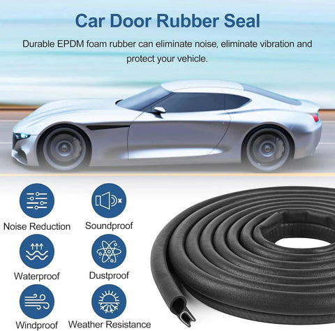 10 Ft Car Door Weather Stripping Rubber Seal Strip With Top Bulb For Cars Trucks RVs Boats Buses Camper And Home Applications Easy Install U Shape PVC Trim With Grippy Internal Metal Clips And Durable EPDM Rubber Seal displayed next to a car.