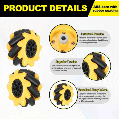 2Pack Mecanum Wheel Set For Smart Robot Cars And DIY Projects, Omnidirectional 48mm Wheels with ABS Rubber, Yellow, Product Details