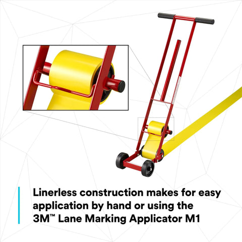 Durable Floor Marking Tape 971 on applicator, yellow 4 in x 36 yd, 17 mil heavy-duty vinyl for high-traffic areas, vivid finish, residue-free.