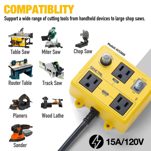 Automatic Vacuum Switch For Power Tools With Two Tool Outlets And Manual Override For Pros And DIYers Auto Start And Stop Your Dust Collector For Woodworking Table Saws And Shop Vacuums Includes Delay Shut Off And Safety Overload Circuit Breaker image showing compatibility with various tools.