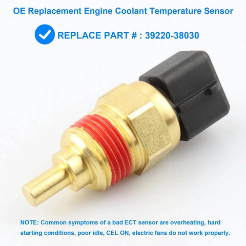 Drop-In ECT Temperature Sensor Replacement For Hyundai And Kia Vehicles 39220-38030 gold cylindrical part with black connector